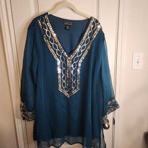 Metro 22 Women's Teal V-Neck Sheer Tunic Blouse with Sequined Embellishment